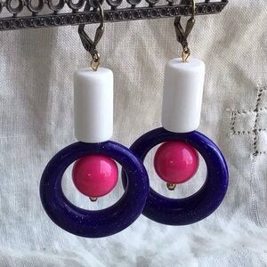 Bold Colorblock White Navy Blue and Pink Drop Earrings - Women Jewelry